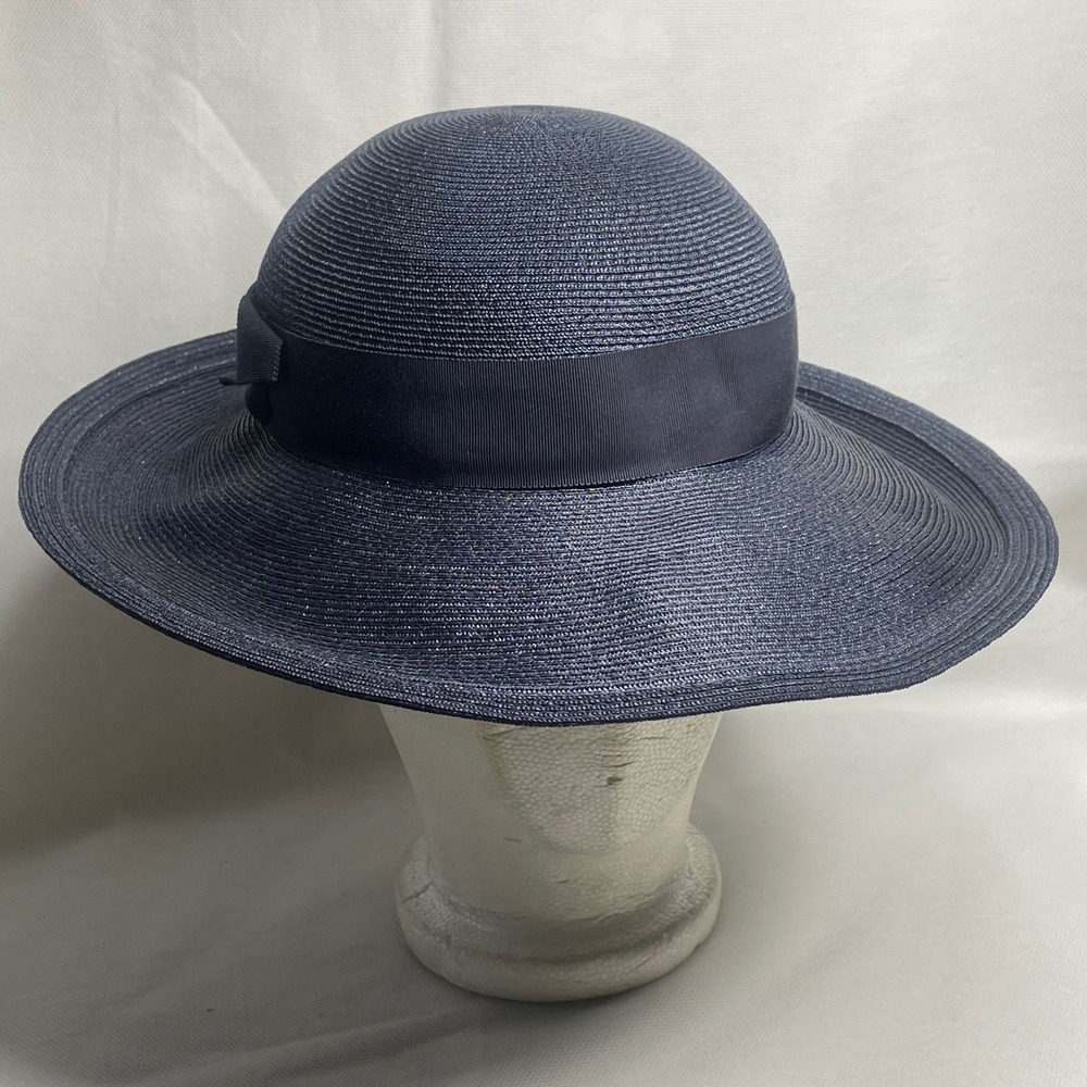 Vintage Cain-Sloan Co. Betmar Wide Brim Straw Hat Adult OSFM Navy Blue Ribbon